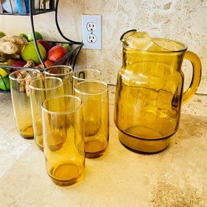 Vintage Amber pitcher w/ 6 glasses